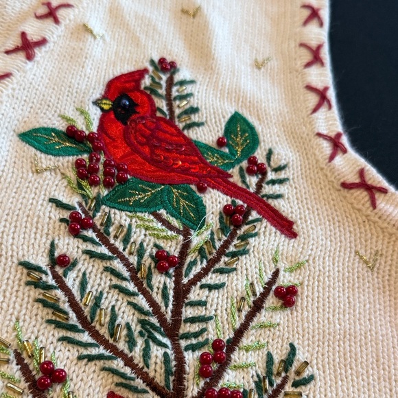 Vintage Embroidered Cardinal & Pinecone Christmas sweater Vest by In Resource M - Picture 12 of 16